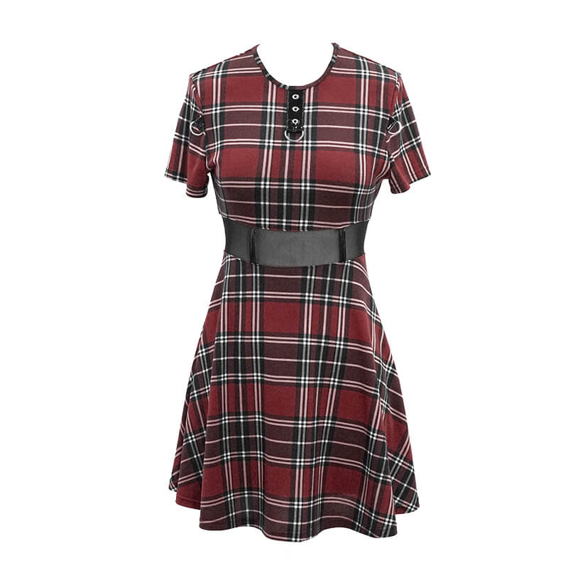 Fashion Red Plaid Short Dress in Punk Style / Women's Short Sleeve Mini Dress with Belt - image 3