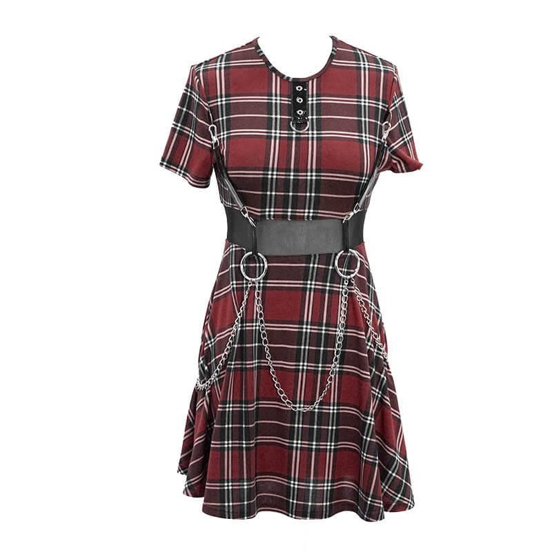 Fashion Red Plaid Short Dress in Punk Style / Women's Short Sleeve Mini Dress with Belt - image 4