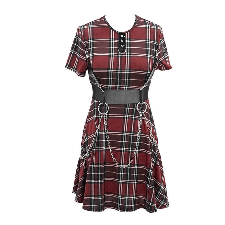 Fashion Red Plaid Short Dress in Punk Style / Women's Short Sleeve Mini Dress with Belt - image 4