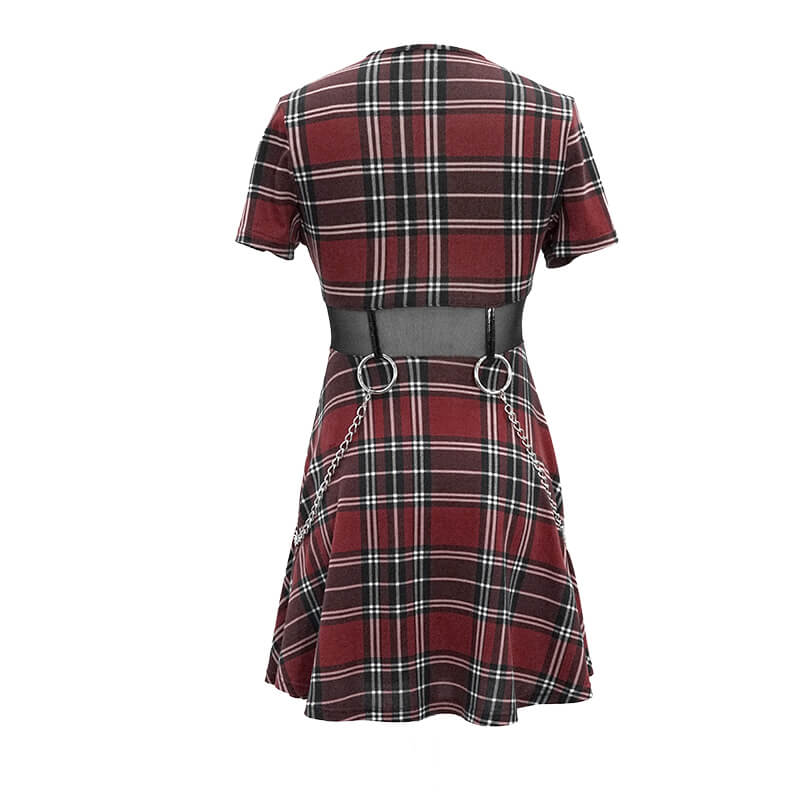 Fashion Red Plaid Short Dress in Punk Style / Women's Short Sleeve Mini Dress with Belt - image 6