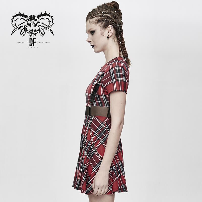 Fashion Red Plaid Short Dress in Punk Style / Women's Short Sleeve Mini Dress with Belt - image 13