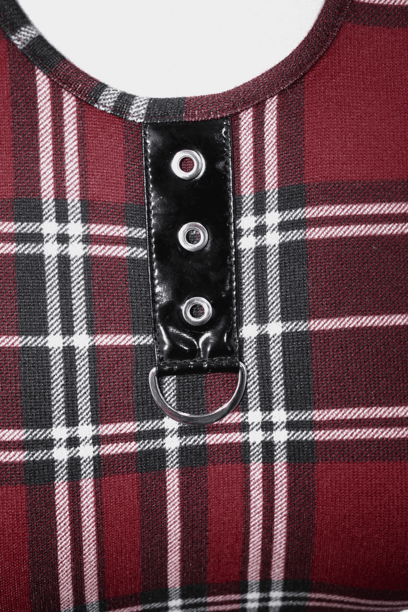 Fashion Red Plaid Short Dress in Punk Style / Women's Short Sleeve Mini Dress with Belt - image 10