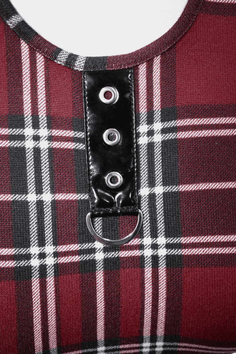 Fashion Red Plaid Short Dress in Punk Style / Women's Short Sleeve Mini Dress with Belt - image 10