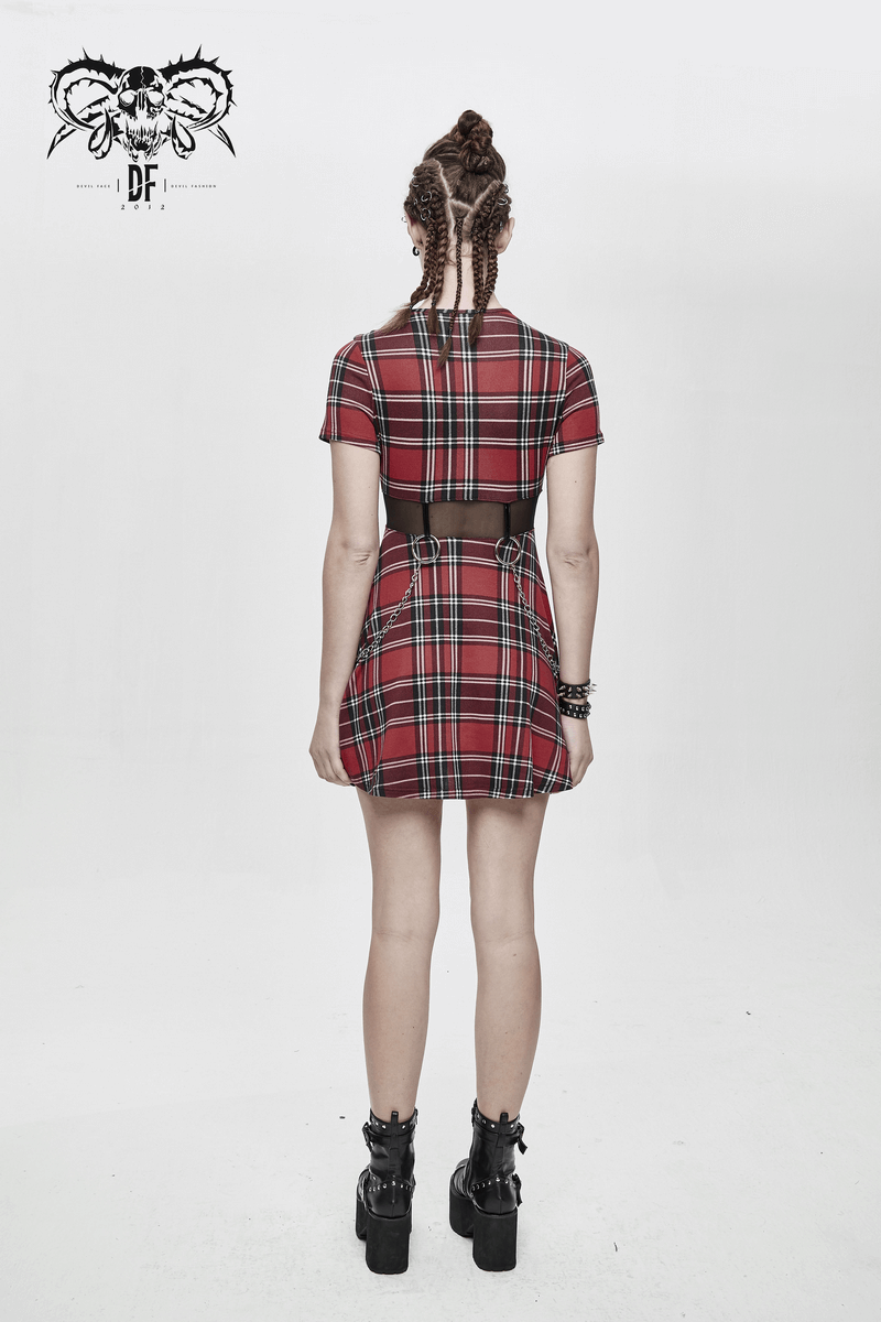 Fashion Red Plaid Short Dress in Punk Style / Women's Short Sleeve Mini Dress with Belt - image 15