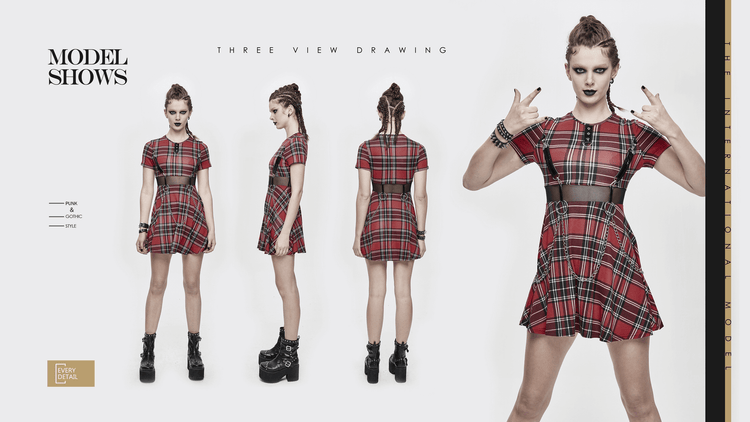 Fashion Red Plaid Short Dress in Punk Style / Women's Short Sleeve Mini Dress with Belt - image 16