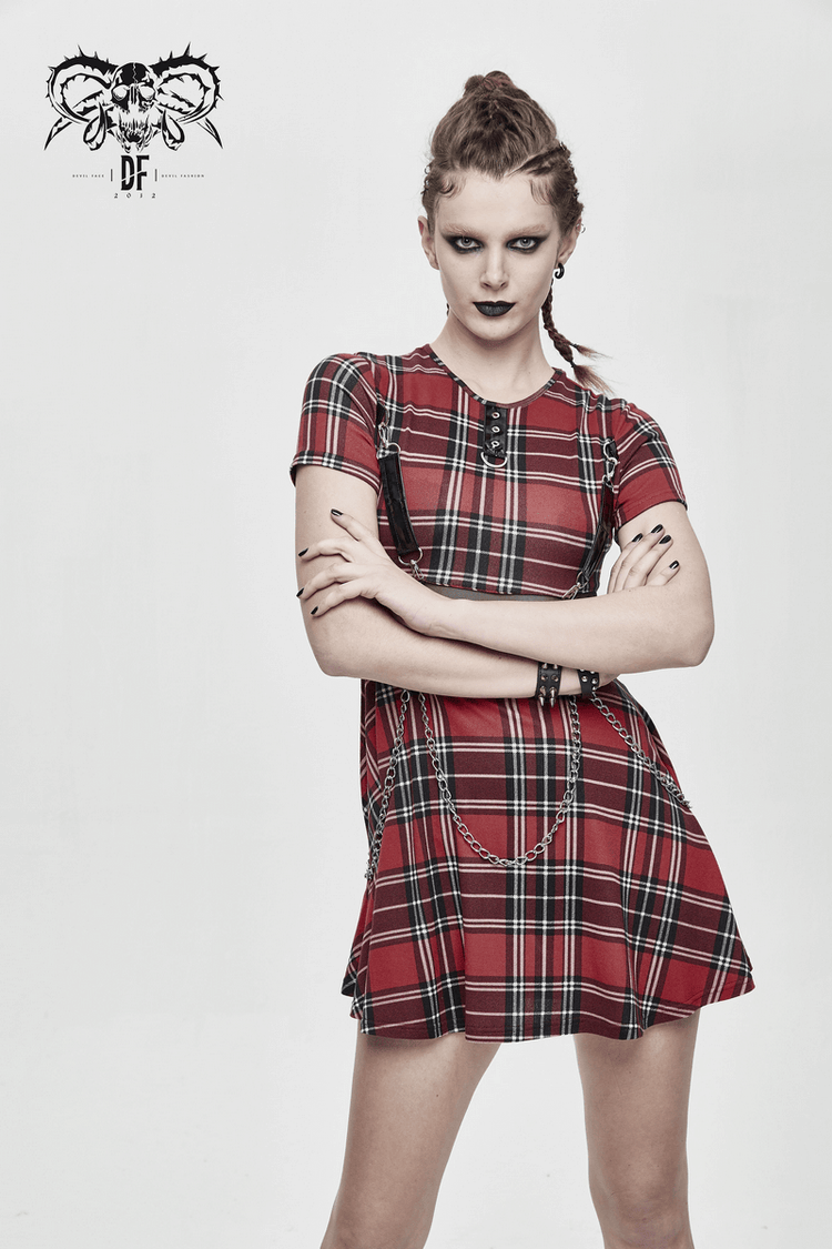 Fashion Red Plaid Short Dress in Punk Style / Women's Short Sleeve Mini Dress with Belt - image 12