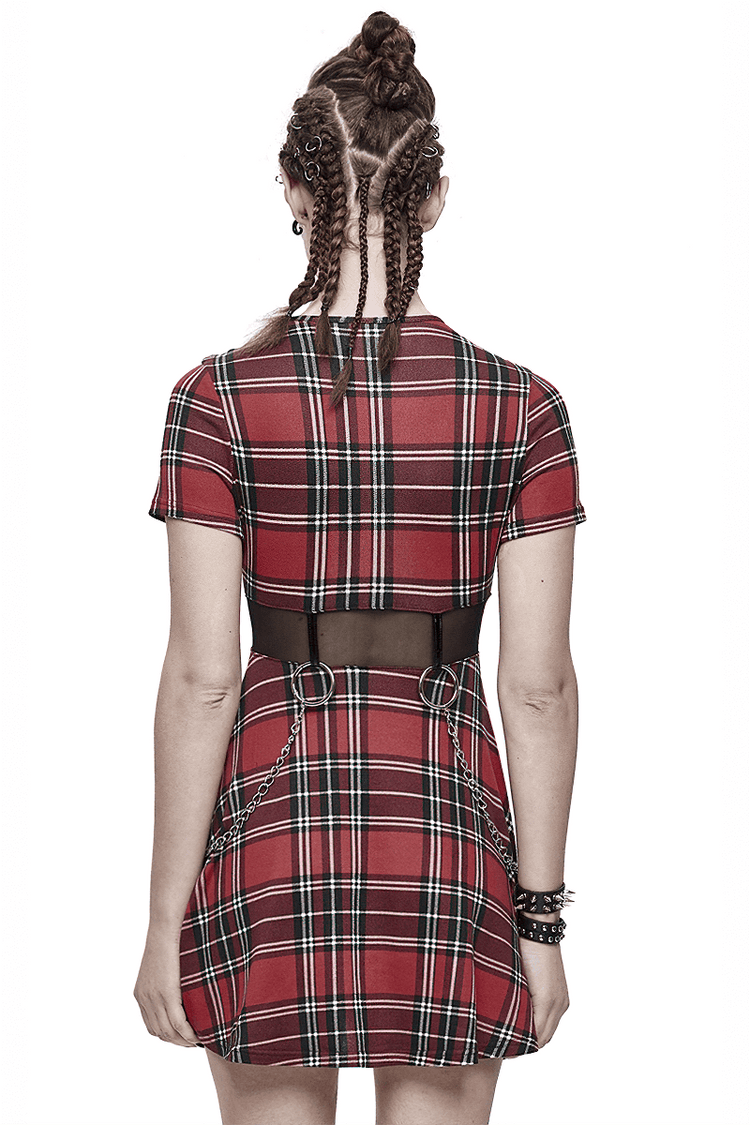 Fashion Red Plaid Short Dress in Punk Style / Women's Short Sleeve Mini Dress with Belt - image 2