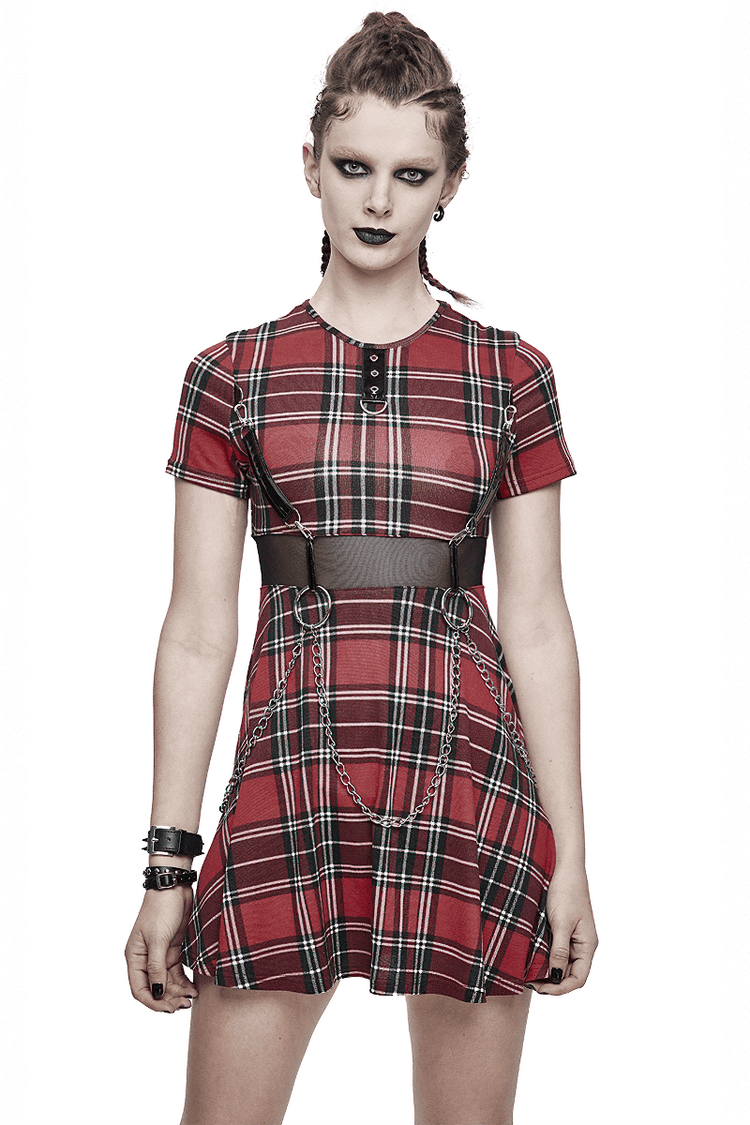 Fashion Red Plaid Short Dress in Punk Style / Women's Short Sleeve Mini Dress with Belt - image 1