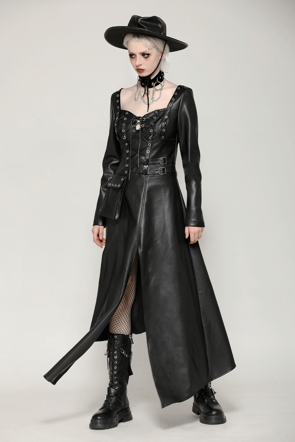 Faux Leather Gothic Dress with Harness and Grommets - image 12
