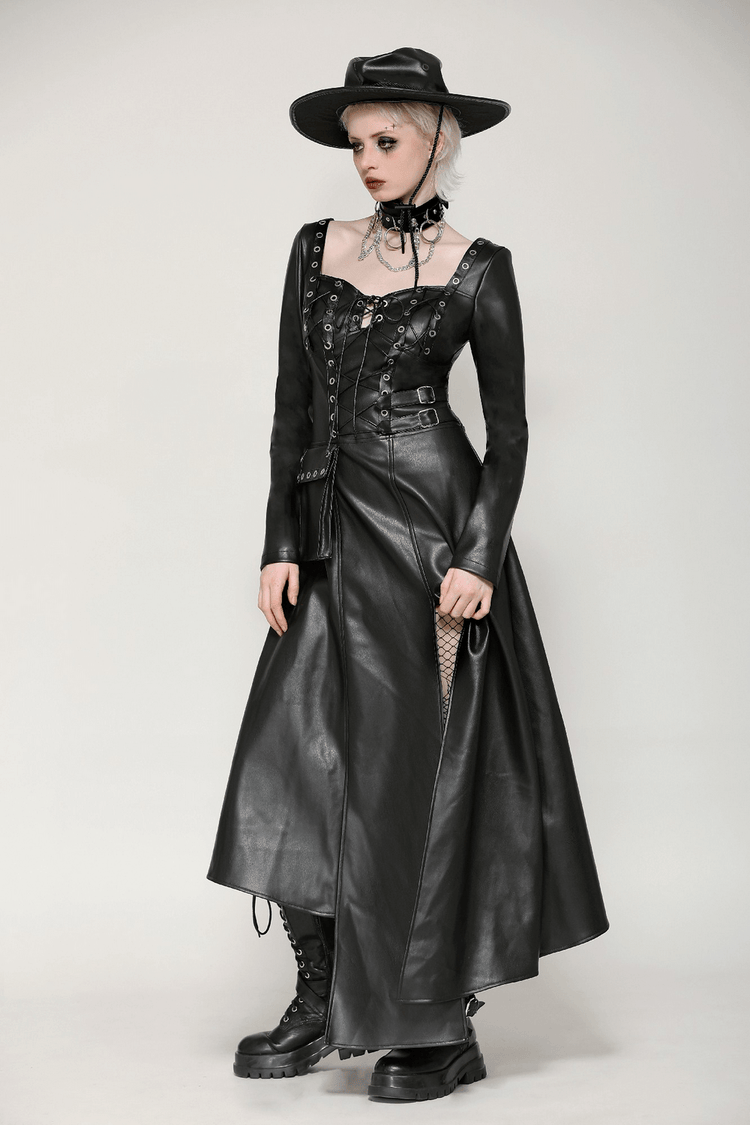Faux Leather Gothic Dress with Harness and Grommets - image 14
