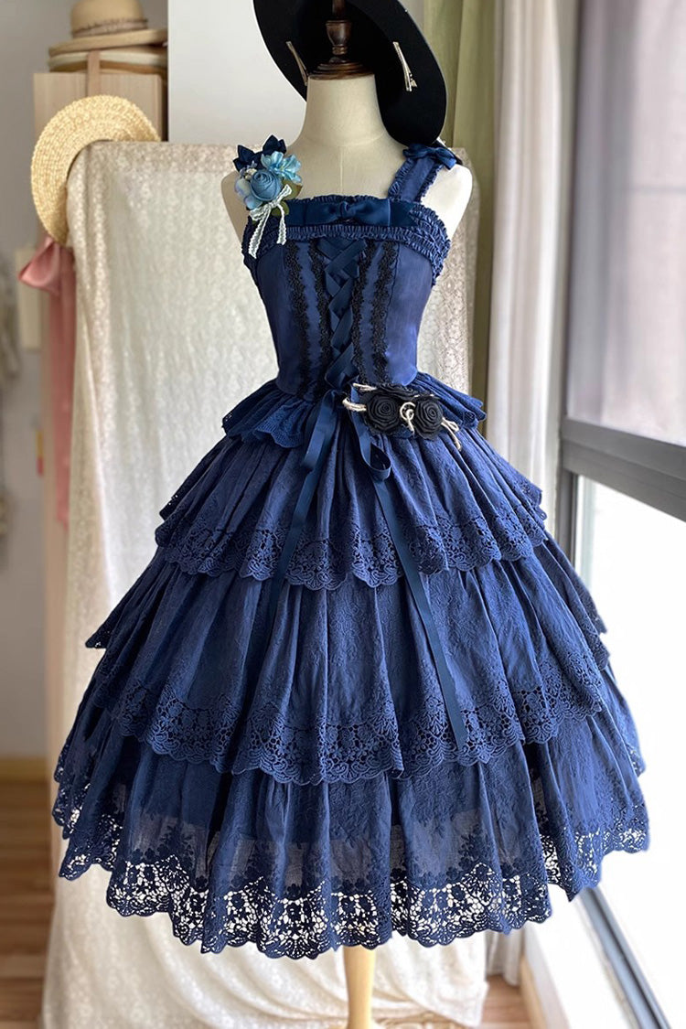 Dark Blue [Forest Waltz] Embroidery Bowknot Lace-Up Slim Sweet Elegant Lolita Suspender Top - Blue - 1