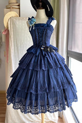 Dark Blue [Forest Waltz] Embroidery Bowknot Lace-Up Slim Sweet Elegant Lolita Suspender Top - Blue - 1