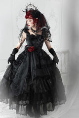 Black Multi-Layered Ruffled Hanayome Bow Pearl-Decorated Gothic Lolita Jsk Dress Full Set 2 Versions - Product - 3