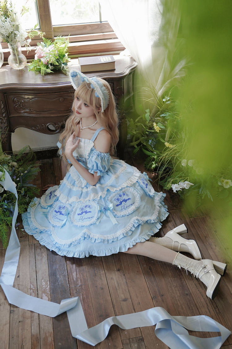 Blue [Butterfly Dream] Multi-Layered Print Ruffle Bowknot Sweet Princess Lolita Jsk Dress - Product - 7