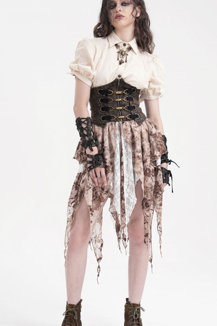 Brown Lace-Up Slim Zippered Women's Punk Underbust Corset - Product - 2