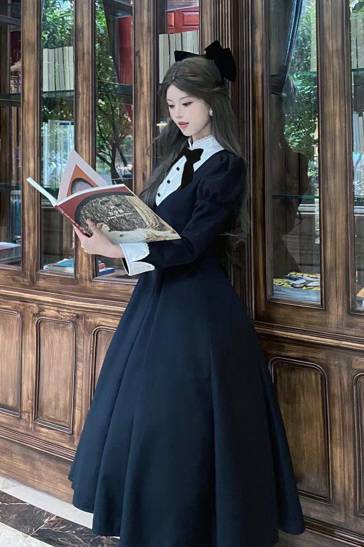 Black [Miss Donya] Stand Collar Long Sleeves Bow Gothic Elegant Lolita OP Dress - Product - 7