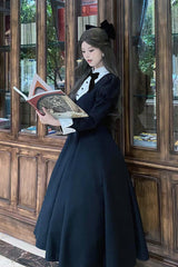 Black [Miss Donya] Stand Collar Long Sleeves Bow Gothic Elegant Lolita OP Dress - Product - 7