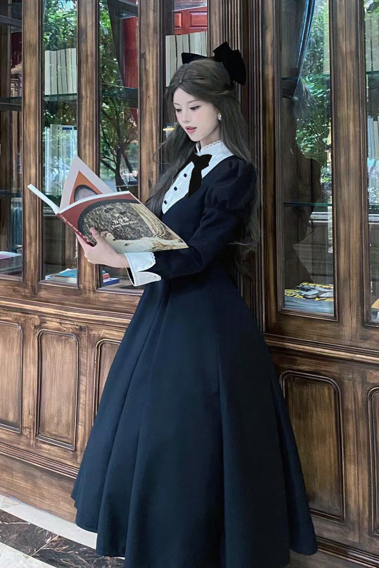 Black [Miss Donya] Stand Collar Long Sleeves Bow Gothic Elegant Lolita OP Dress - Product - 7