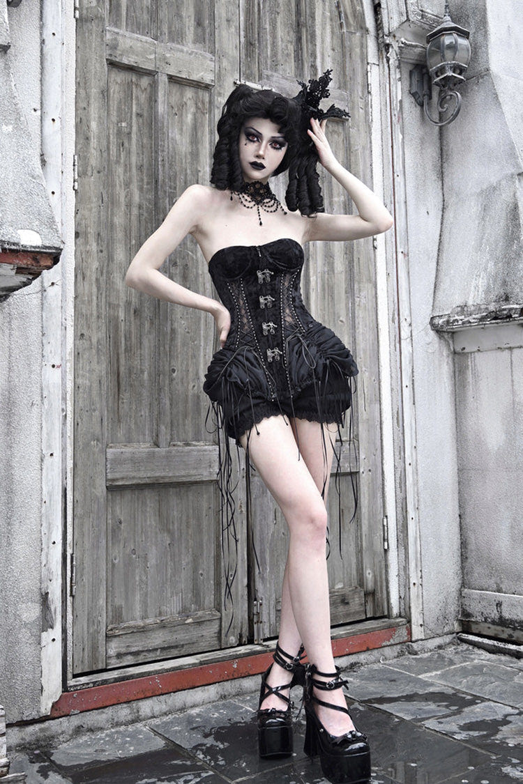 Black [Hell Alice] Hollow Lace-Up Fishbone Gothic Lolita Dress Corset - Product - 4