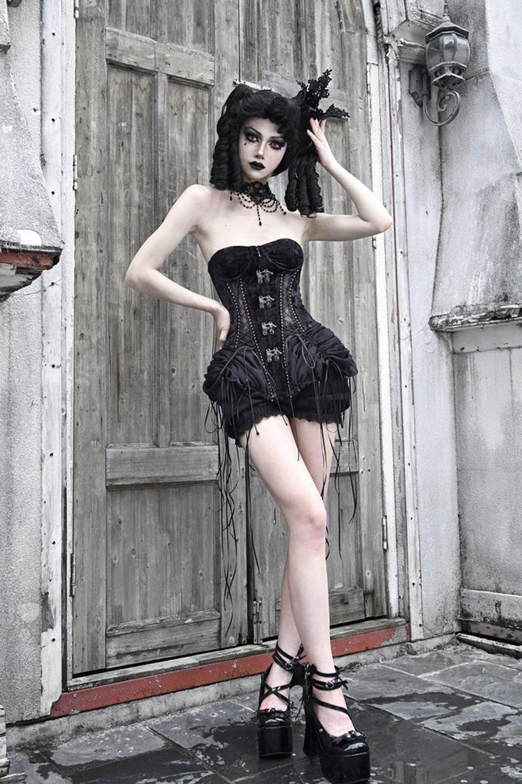 Black [Hell Alice] Hollow Lace-Up Fishbone Gothic Lolita Dress Corset - Product - 4