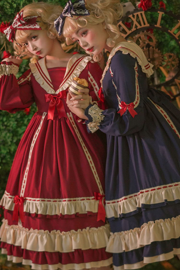 Court Style Long Sleeves High Waisted Bowknot Ruffled Multi-Layer Classic Lolita Op Dress - Product - 3