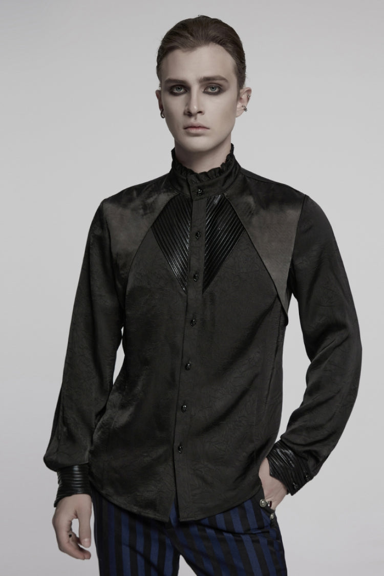 Black Stand Collar Long Sleeves Ruffle Pleated Men's Gothic Blouse - Black - 1