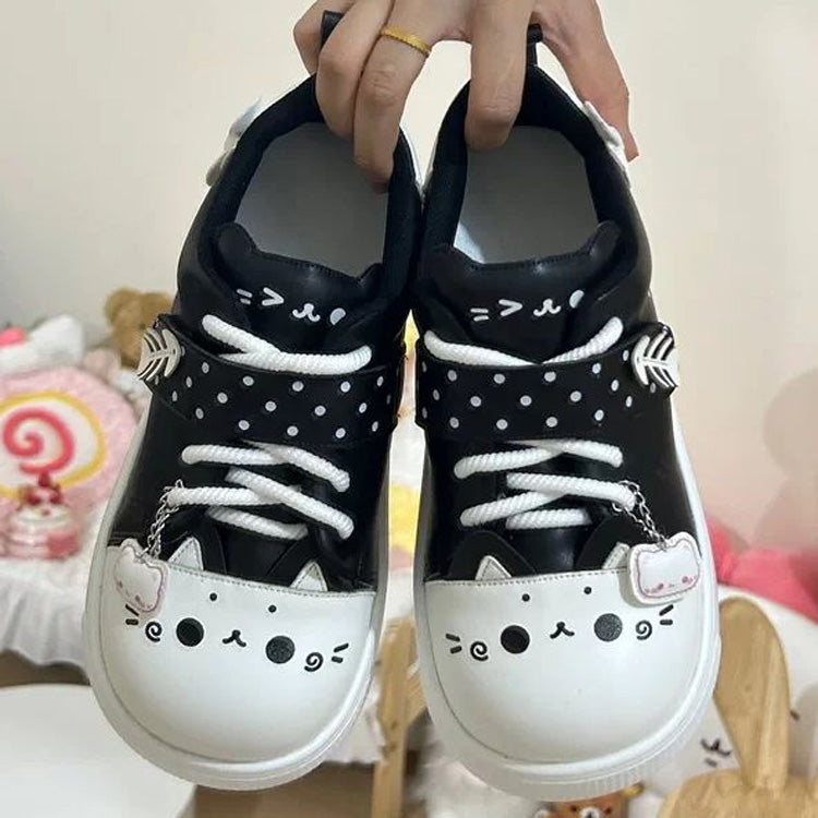 Cute Cat Decor Round-Toe Japanese Style Sweet Lolita Flat Shoes - Black/White - 1