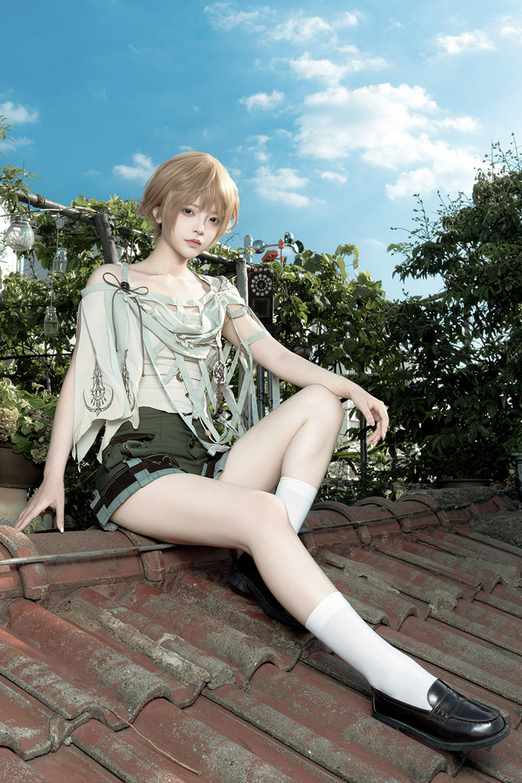 Green [Forest Guide] Square Collar Asymmetric Prince Ouji Lolita Set (Shorts + Shawl + Top) - Product - 2