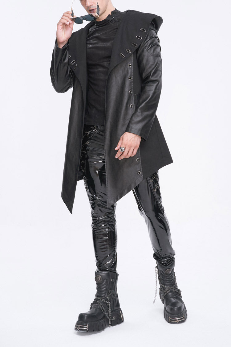 Black Irregular Eyelet Men's Gothic Jacket With Hood - Black - 1