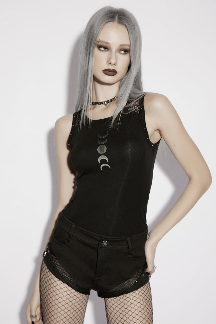 Black Moon Phase Printed Spliced Slim Mesh Eyelet Women's Gothic Vest - Black - 1