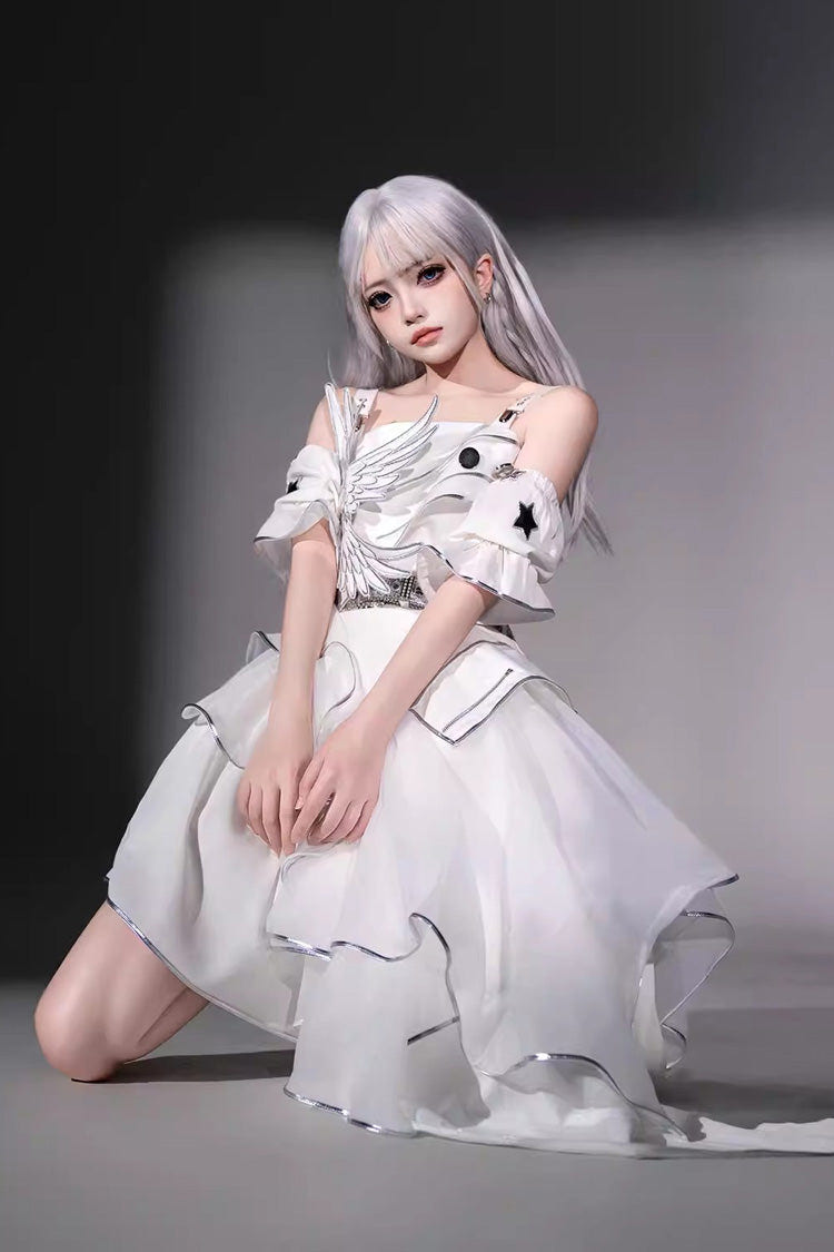 White [Silver Wings] Stand Collar Irregular Asymmetric Futuristic Style Punk Lolita Jsk Dress Set - Product - 8