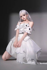 White [Silver Wings] Stand Collar Irregular Asymmetric Futuristic Style Punk Lolita Jsk Dress Set - Product - 8