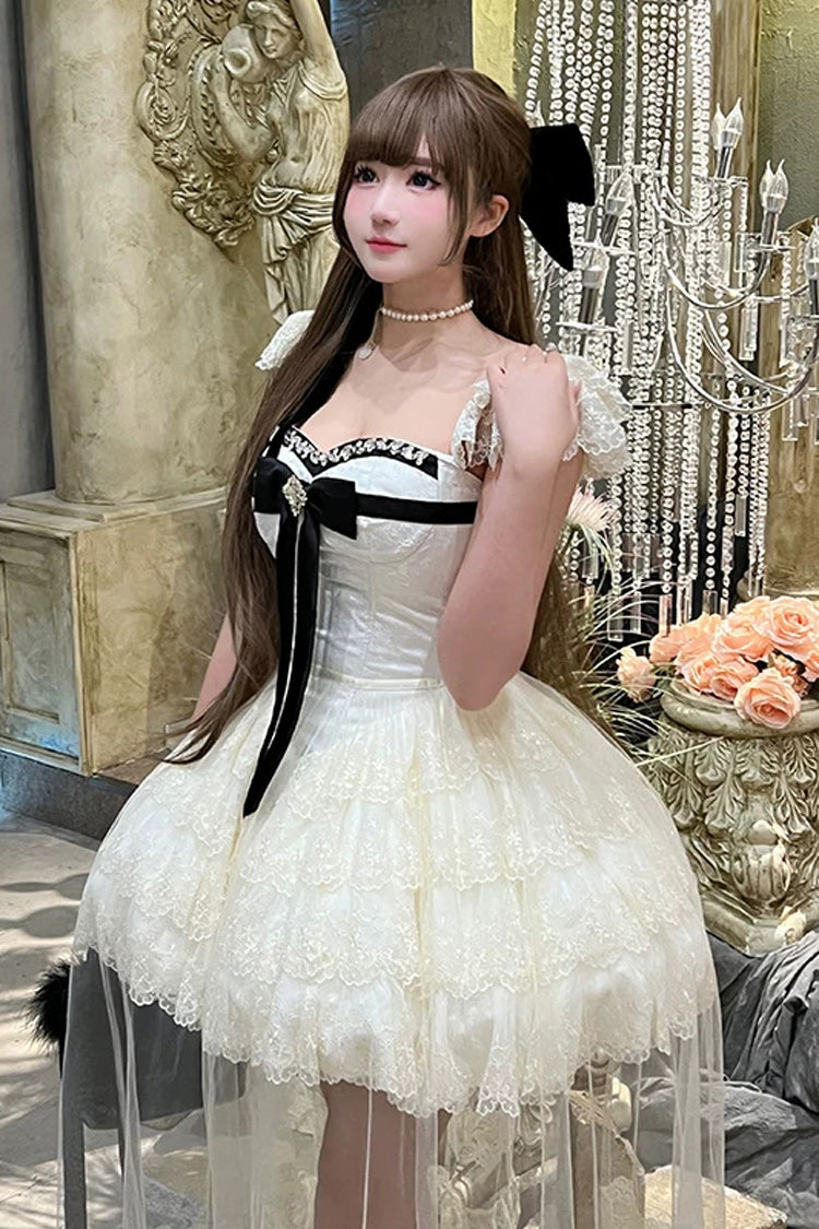 Ivory [Hepburn Heart] Square Collar Sleeveless Multi-Layered Cut-Out Bow Lace Sweet Lolita Jsk Dress - Product - 13
