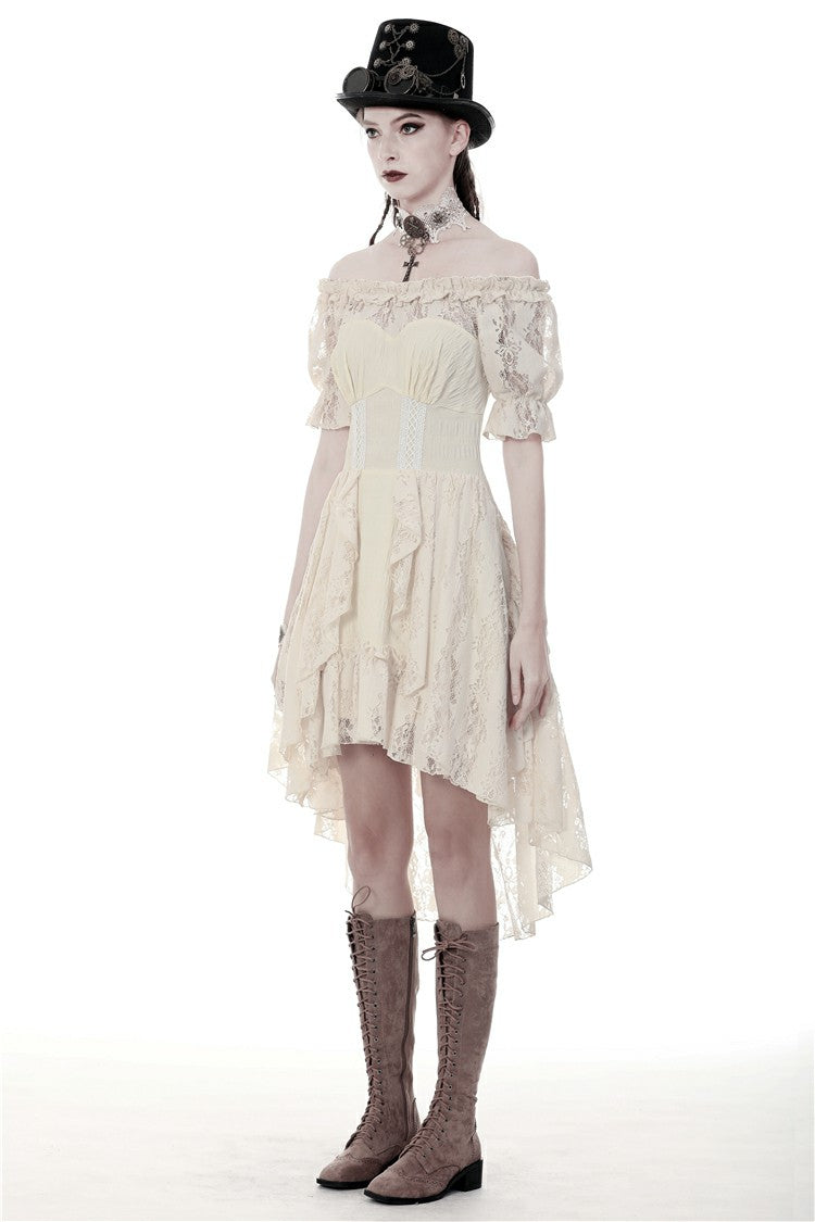 Beige Ruffled Off Shoulder Short Sleeves Ruched Women's Steampunk Vintage Gorgeous Graduation Dress - Product - 2