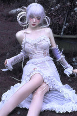 White [Redemption of the Deity] Drawstring Ruffle Embroidery Lace Pleated Gothic Lolita Jsk Dress - Product - 5