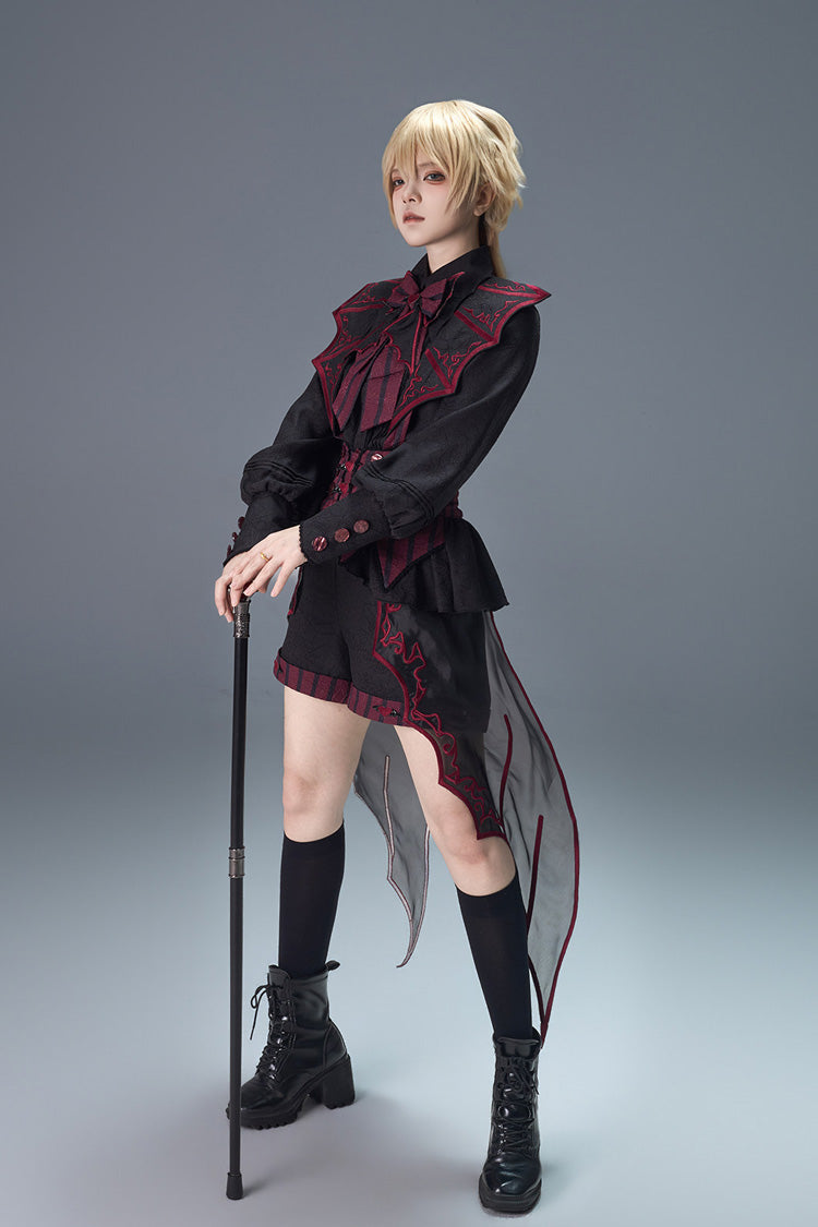 Black/Red [Demon Ritual] Stand Collar Long Lantern Sleeves Jacquard Embroidered Bow Gothic Prince Ouji Lolita Shorts Set - Product - 5