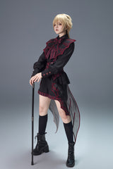 Black/Red [Demon Ritual] Stand Collar Long Lantern Sleeves Jacquard Embroidered Bow Gothic Prince Ouji Lolita Shorts Set - Product - 5