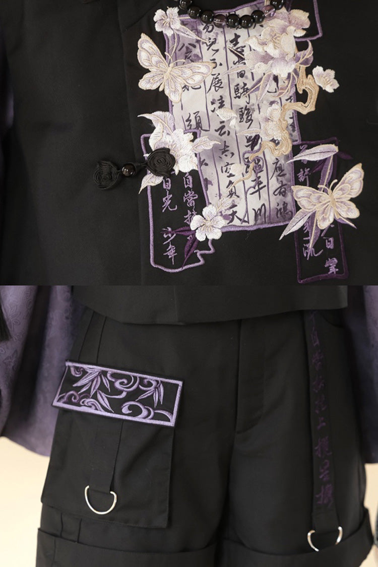 Black/Purple Stand Collar Long Sleeves Embroidery Classic Chinese Style Prince Hanfu Ouji Set - Product - 15