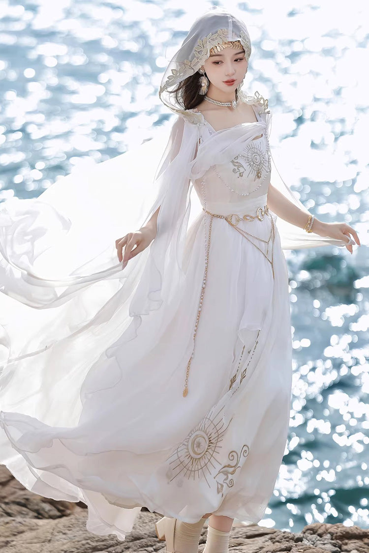 White [Aurelia of the Holy Light] Square Collar Printed Embroidered Chain-Decorated Sweet Elegant Lolita Dress - White(Set) - 1