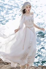 White [Aurelia of the Holy Light] Square Collar Printed Embroidered Chain-Decorated Sweet Elegant Lolita Dress - White(Set) - 1