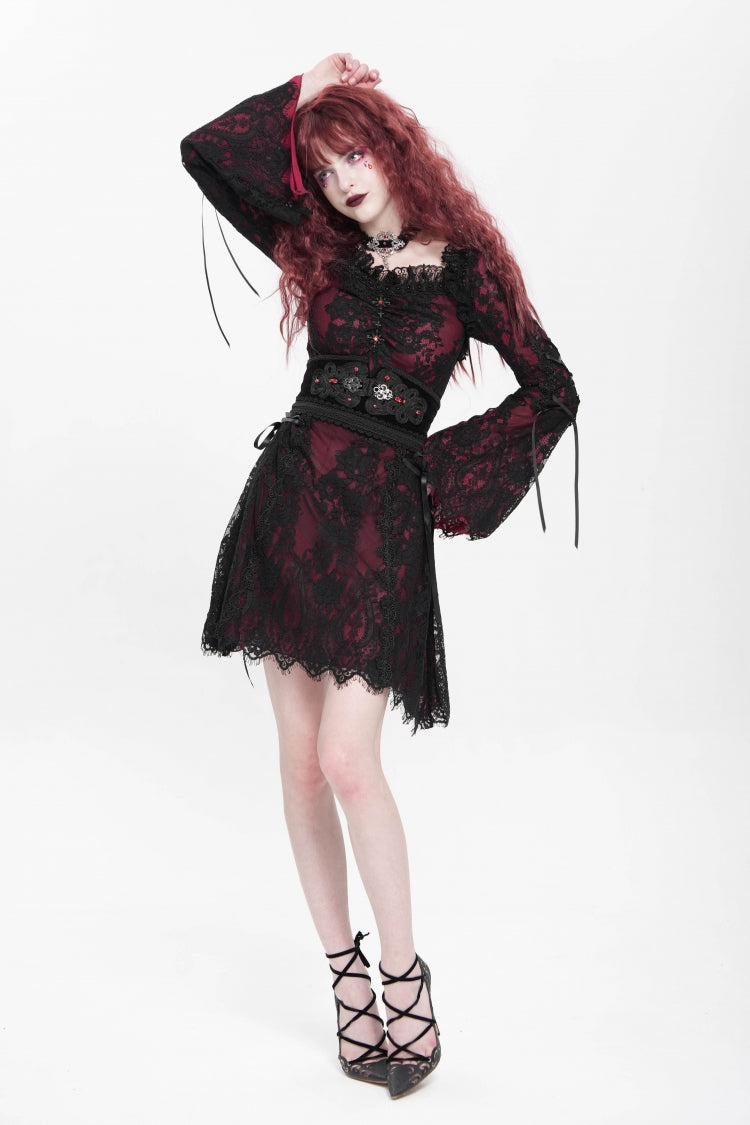 Red Square Collar Long Sleeves Floral Embroidery Lace Lace-Up Women's Gothic Dress - Product - 11