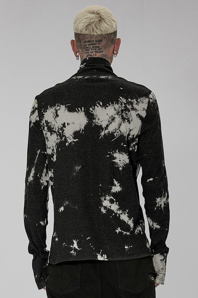 Black/White Punk Asymmetric Metal Buckle Side Button Tie Dye High Neck Basic Long Sleeve Men's Shirt - Product - 3