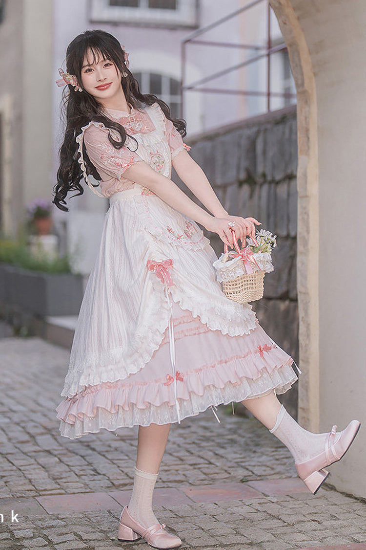 Pink Stand Collar Short Sleeves Ruffled Embroidered Lace Sweet Chinese Inspired Lolita Dress - Product - 5