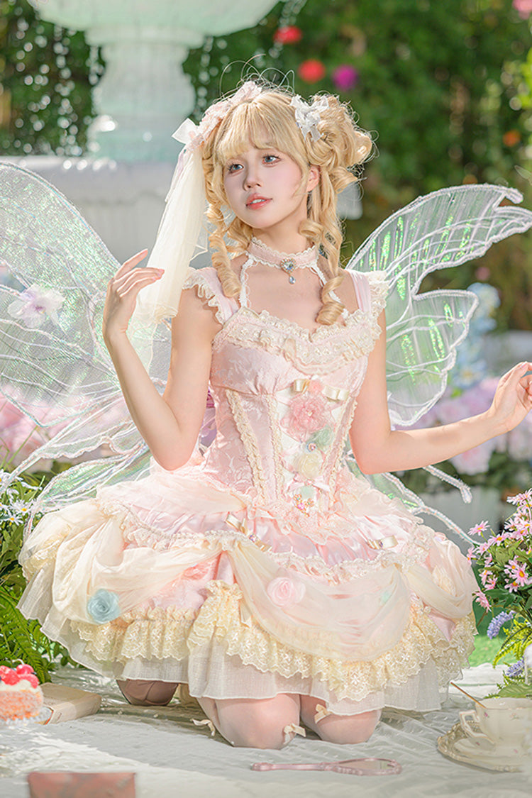 Pink [Dream Garden] Ruffle Hanayome Embroidery Bowknot Lace Fishbone Sweet Princess Gorgeous Lolita Jsk Dress - Product - 3