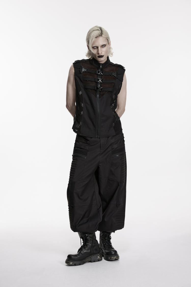 Black Stand Collar Sleeveless Cut-Out Spliced Mesh Buckled Eyelet Men's Punk Handsome Vest - Product - 5