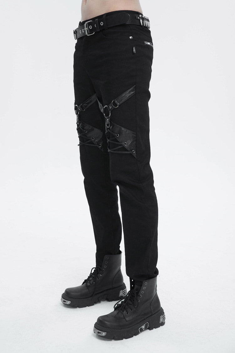Black Thigh Position Buckle Splice Men's Punk Pants - Product - 3