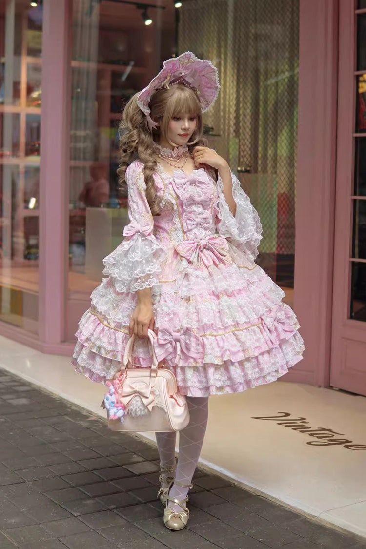 Pink [Candlelight Elegance] Long Trumpet Sleeves Multi-Layered Ruffle Bowknot Lace Sweet Elegant Lolita Dress - Product - 2