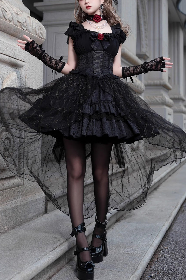 Black Elegant Bride Gorgeous Tea Party Gothic Lolita Tiered Dress - Black - 1