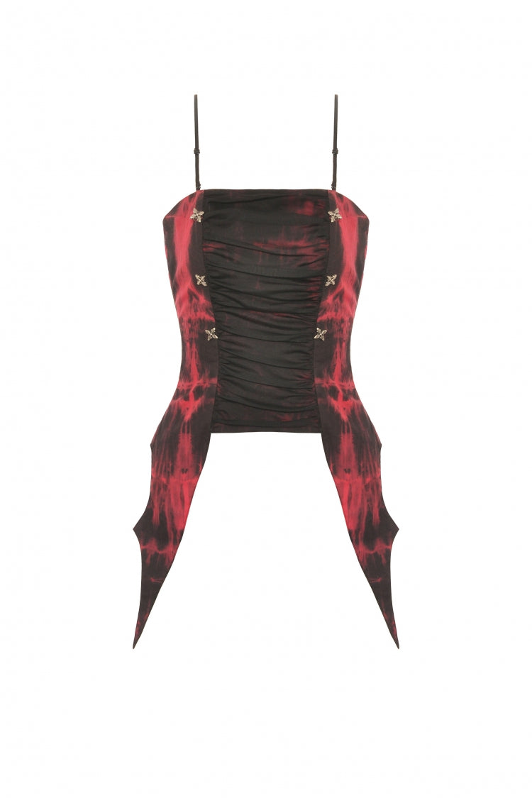 Black/Red Tie-dyed Lace-Up Irregular Ruched Women's Gothic Overbust Corset - Product - 3