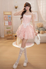 Pink [Floral Brulee] Square Collar Sleeveless Multi-Layered Ruffled Bow Spliced Lace Sweet Princess Lolita Jsk Dress - Product - 3